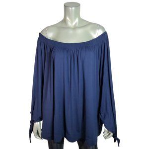 Chaps Top Plus Size 3X Off Shoulder Tie Sleeve Stretch Pullover Long Sleeve Blue